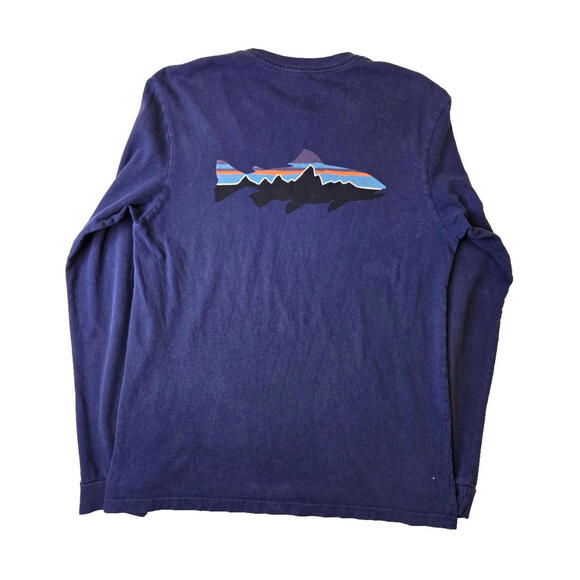 Patagonia Fish Logo Spellout Navy Blue Long Sleeve T Shirt Mens Size Small S - Picture 1 of 5